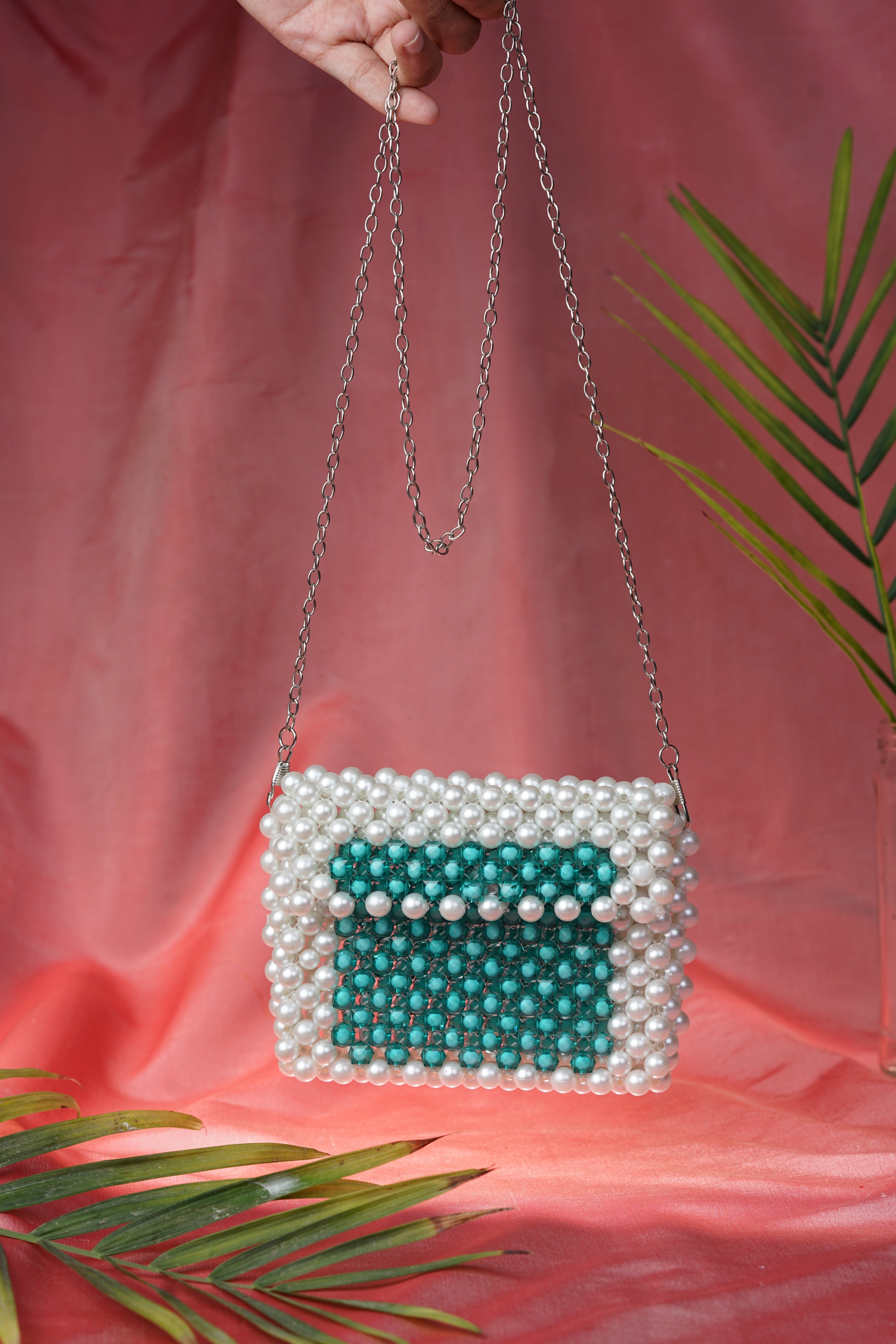 Turquoise Pearl Beaded Mini Bag